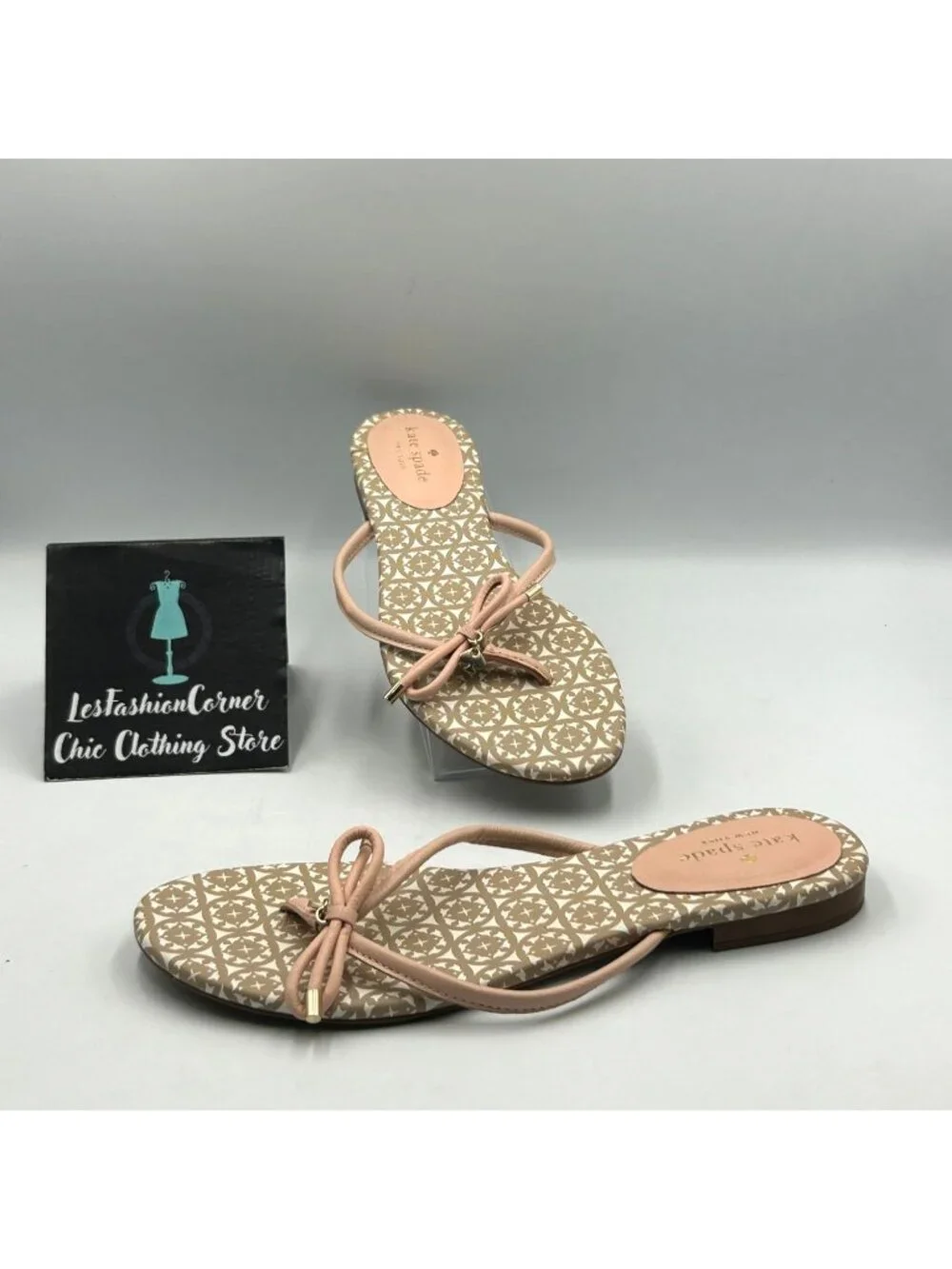Kate Spade Women's Beige Pink Leather Mistic Bow Flats Sandals Size 9.5 3615